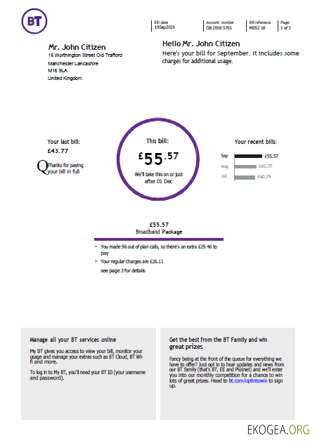 United Kingdom BT utility bill template in Word and PDF formats